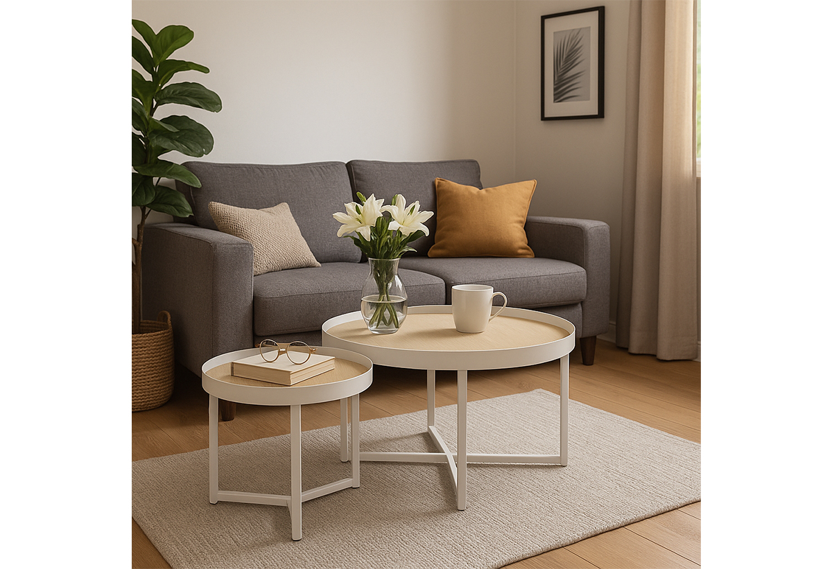 Απεικονίζεται το σετ σε σαλόνι με διάφορα αντικείμενα πάνω του.